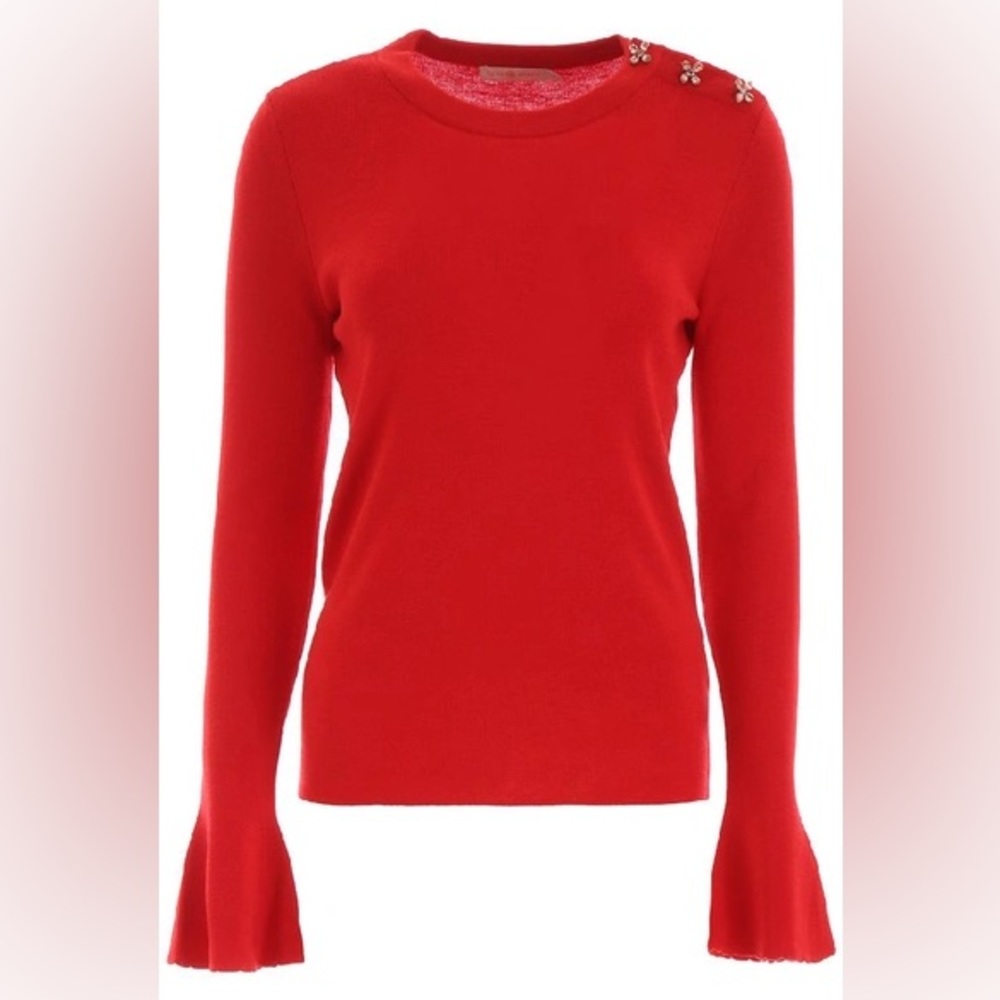 🔥🔥🔥 Tory Burch – Bijoux Crystal Button Detail Merino Wool Sweater RED VOLCANO